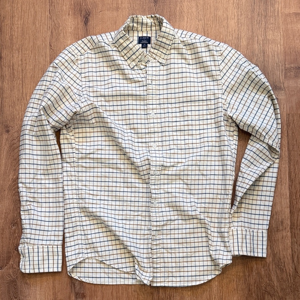 J. Crew Long-Sleeve Check Button-Down Shirt — Cream with Blue Grid